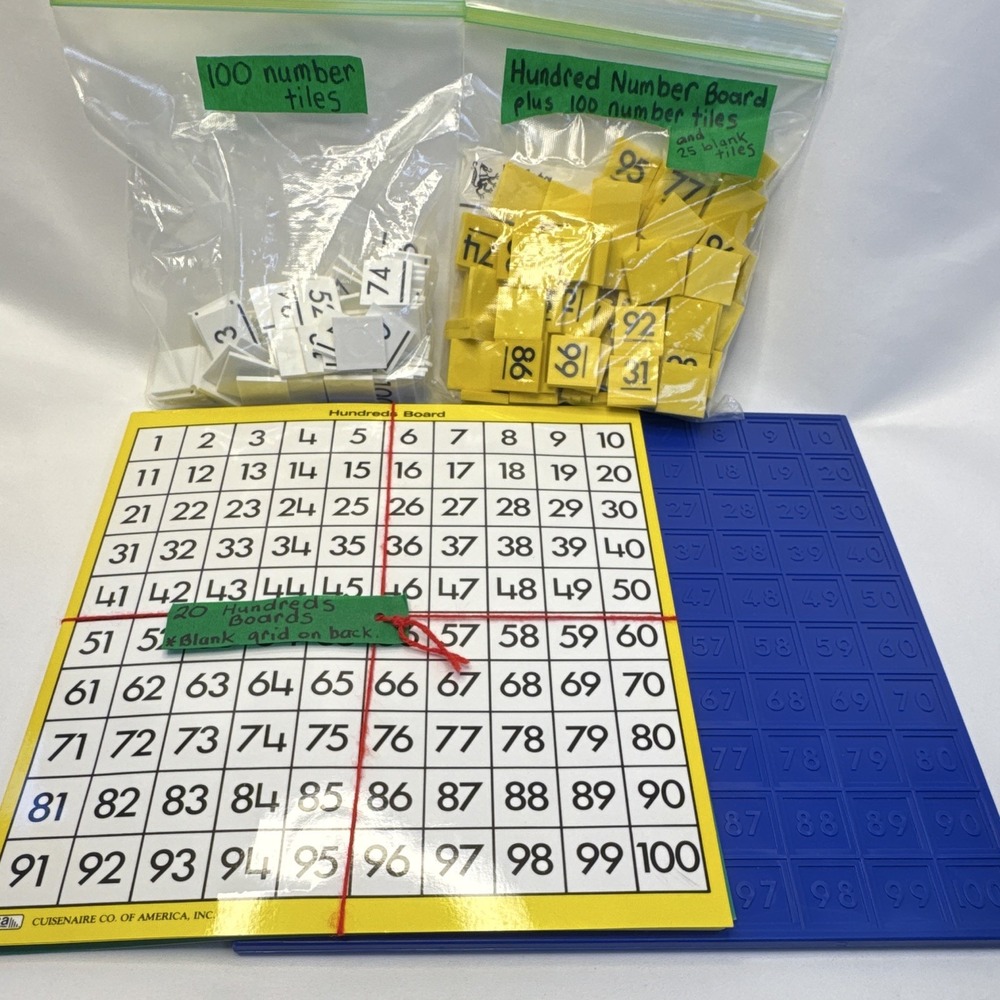 Plastic numbers board, 20 laminate hundred number boards, 2 sets of tiles to 100